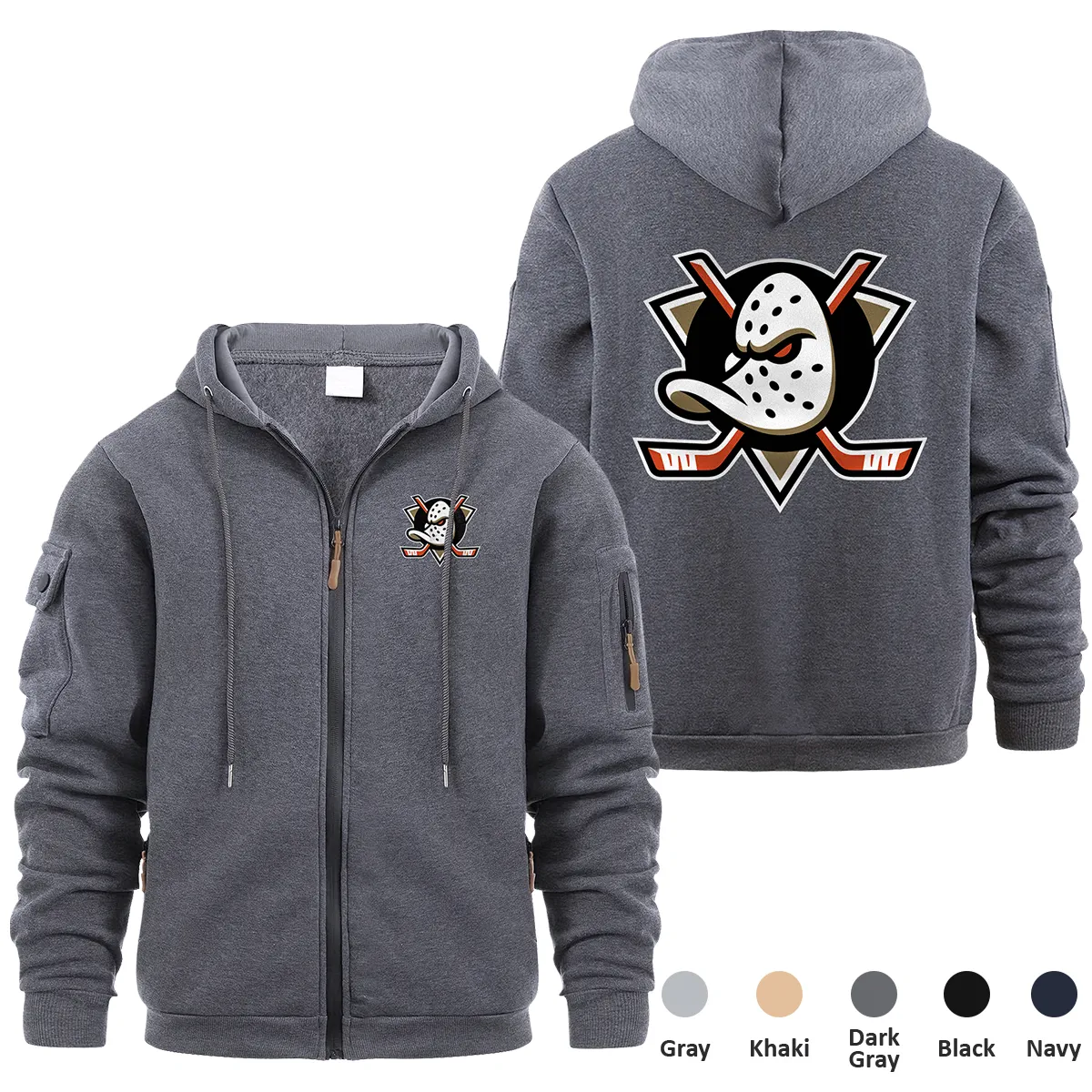 Anaheim Ducks NHL Exclusive Logo Full Zipper Sweatshirt Hoodie with Arm Pocket HNT241114ADFZH - Dark Gray