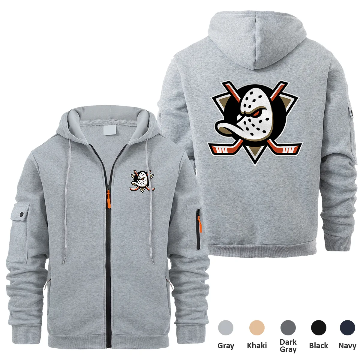 Anaheim Ducks NHL Exclusive Logo Full Zipper Sweatshirt Hoodie with Arm Pocket HNT241114ADFZH - Gray