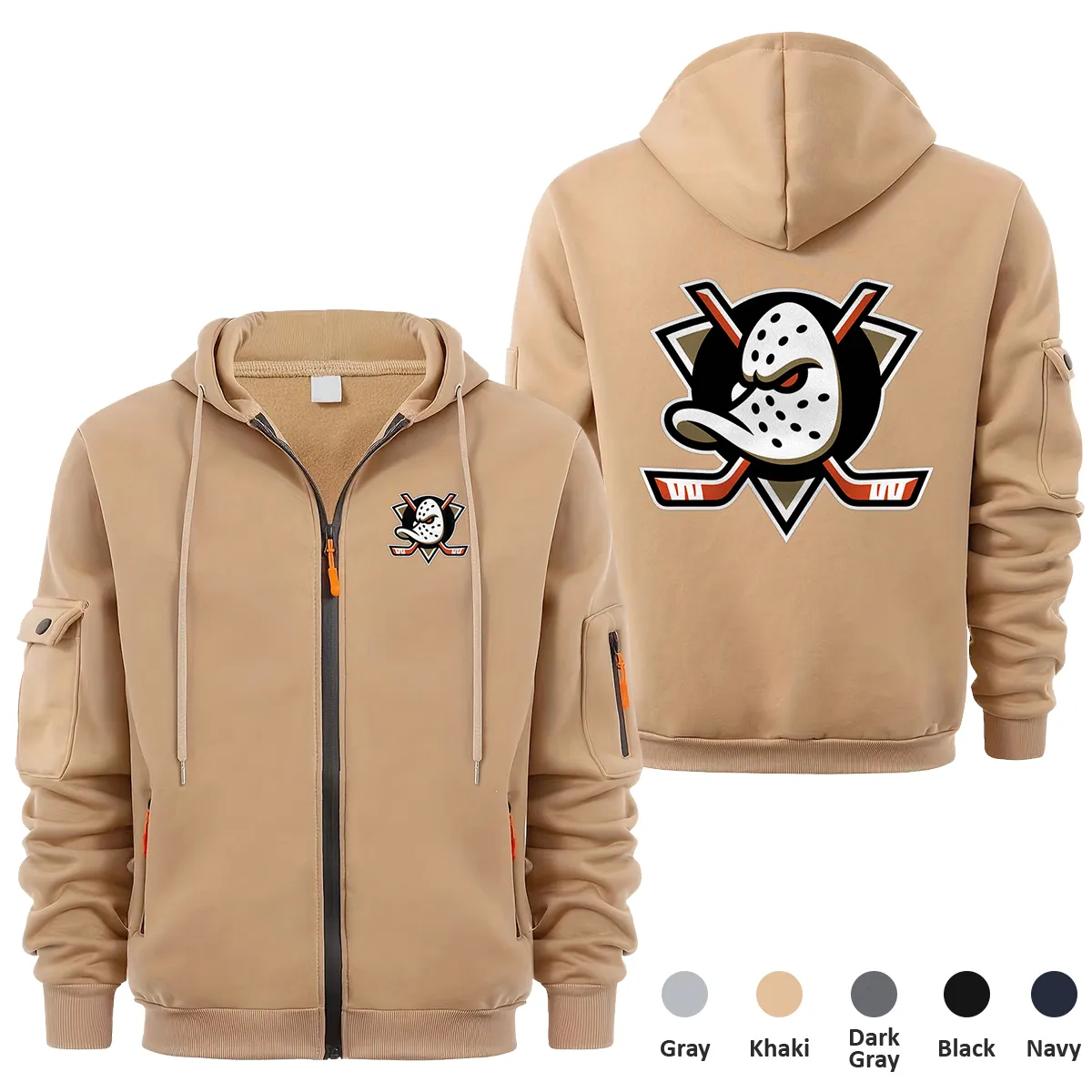 Anaheim Ducks NHL Exclusive Logo Full Zipper Sweatshirt Hoodie with Arm Pocket HNT241114ADFZH - Khaki