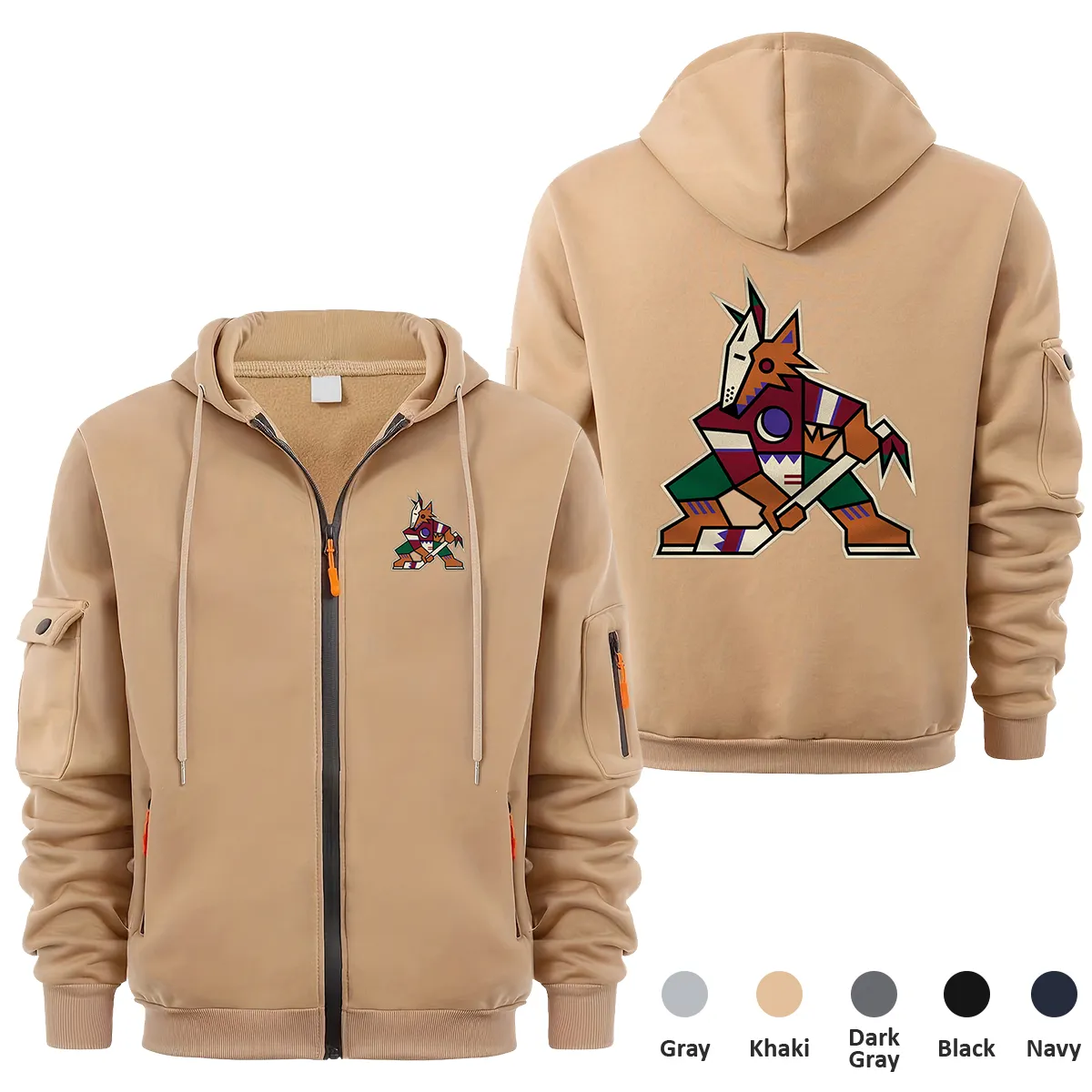 Arizona Coyotes NHL Exclusive Logo Full Zipper Sweatshirt Hoodie with Arm Pocket HNT241114ACFZH - Khaki