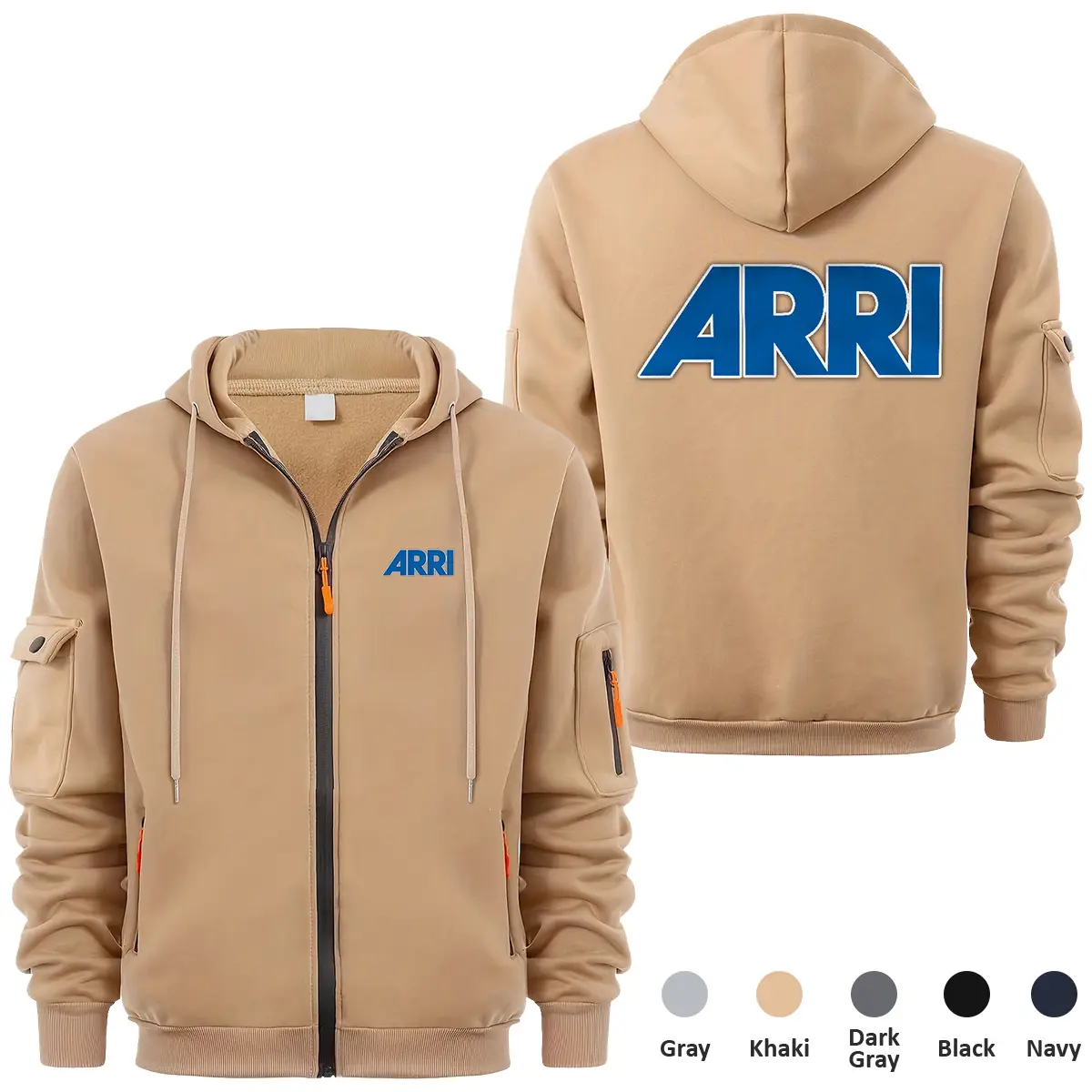 Arri Photography Videography Exclusive Logo Full Zipper Sweatshirt Hoodie with Arm Pocket HNT241114AARFZH - Khaki