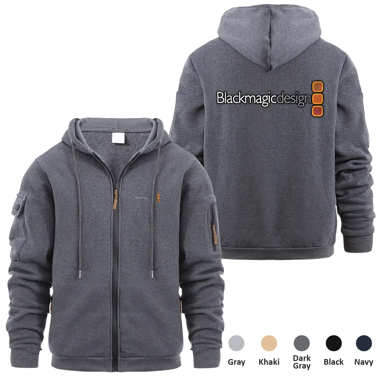 Blackmagic Design Photography Videography Exclusive Logo Full Zipper Sweatshirt Hoodie with Arm Pocket HNT241114ABMDFZH - Dark Gray