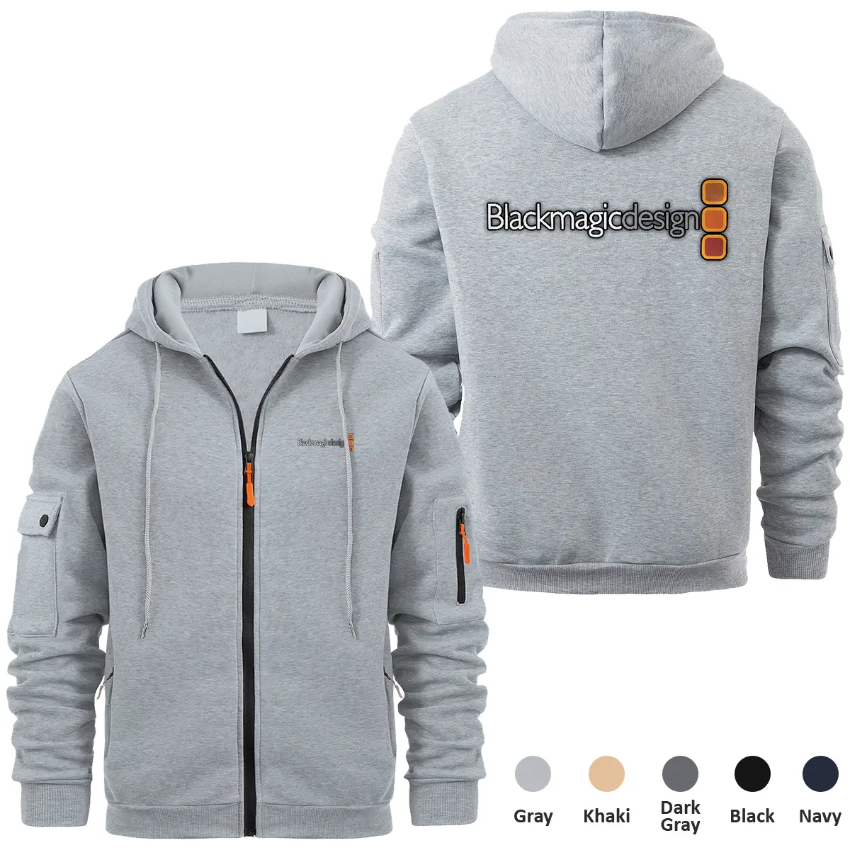 Blackmagic Design Photography Videography Exclusive Logo Full Zipper Sweatshirt Hoodie with Arm Pocket HNT241114ABMDFZH - Gray