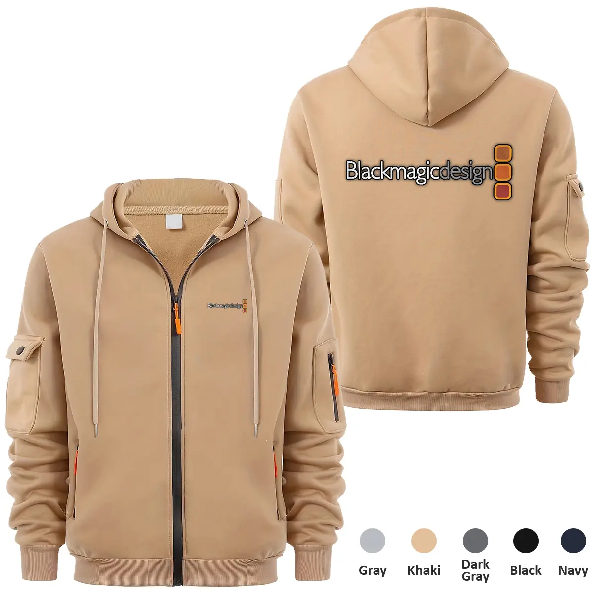 Blackmagic Design Photography Videography Exclusive Logo Full Zipper Sweatshirt Hoodie with Arm Pocket HNT241114ABMDFZH - Khaki