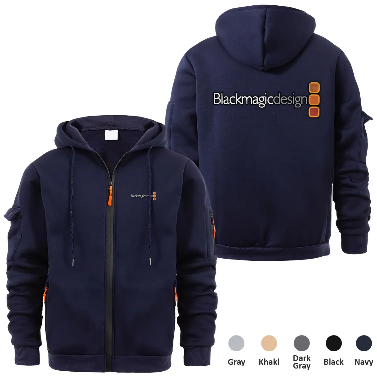 Blackmagic Design Photography Videography Exclusive Logo Full Zipper Sweatshirt Hoodie with Arm Pocket HNT241114ABMDFZH - Navy