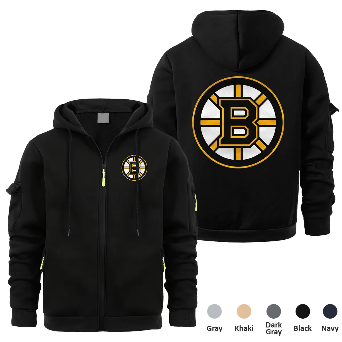 Boston Bruins NHL Exclusive Logo Full Zipper Sweatshirt Hoodie with Arm Pocket HNT241114BBFZH - Black