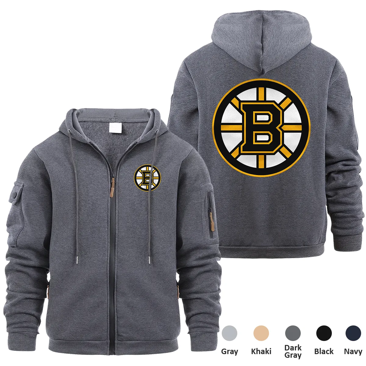 Boston Bruins NHL Exclusive Logo Full Zipper Sweatshirt Hoodie with Arm Pocket HNT241114BBFZH - Dark Gray