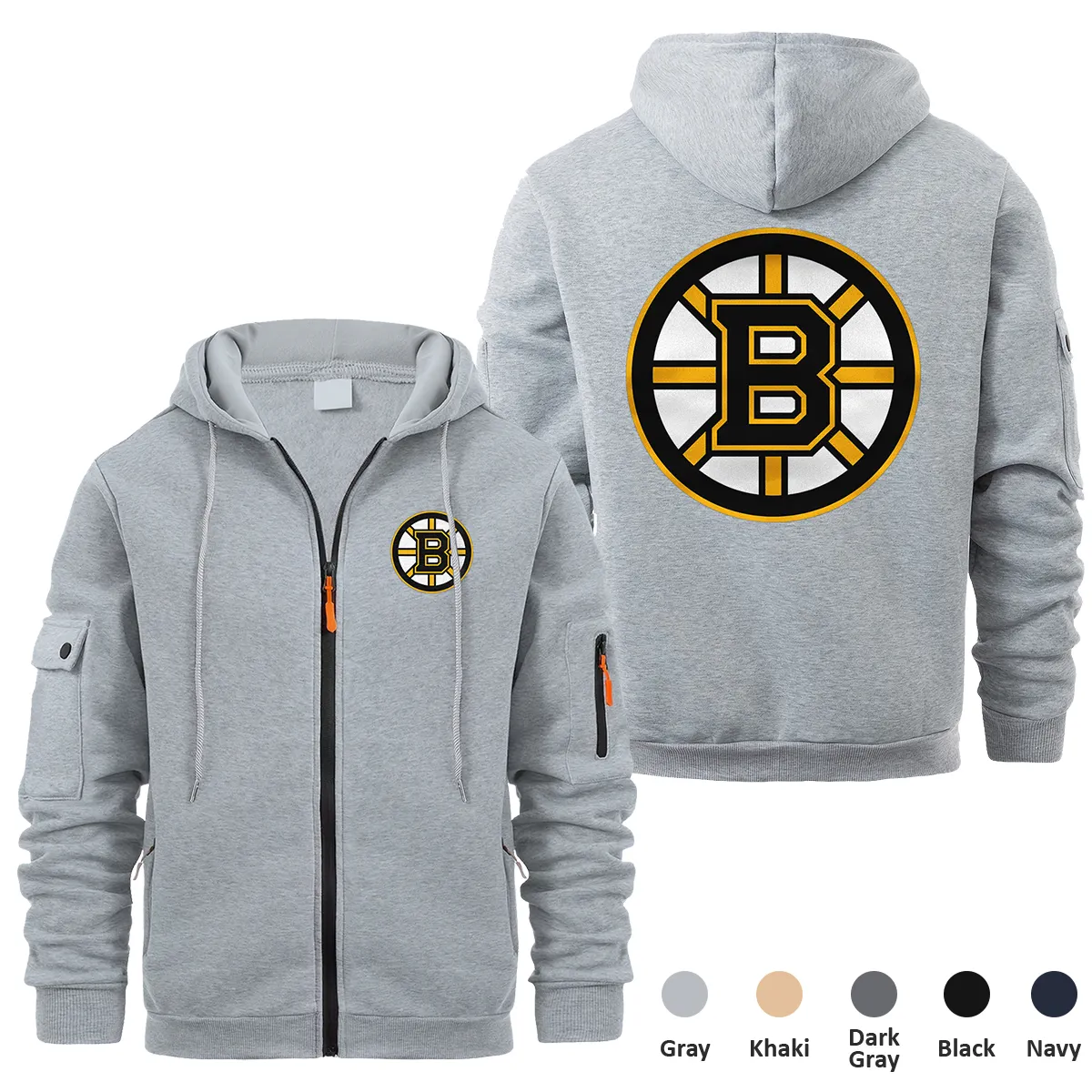 Boston Bruins NHL Exclusive Logo Full Zipper Sweatshirt Hoodie with Arm Pocket HNT241114BBFZH - Gray