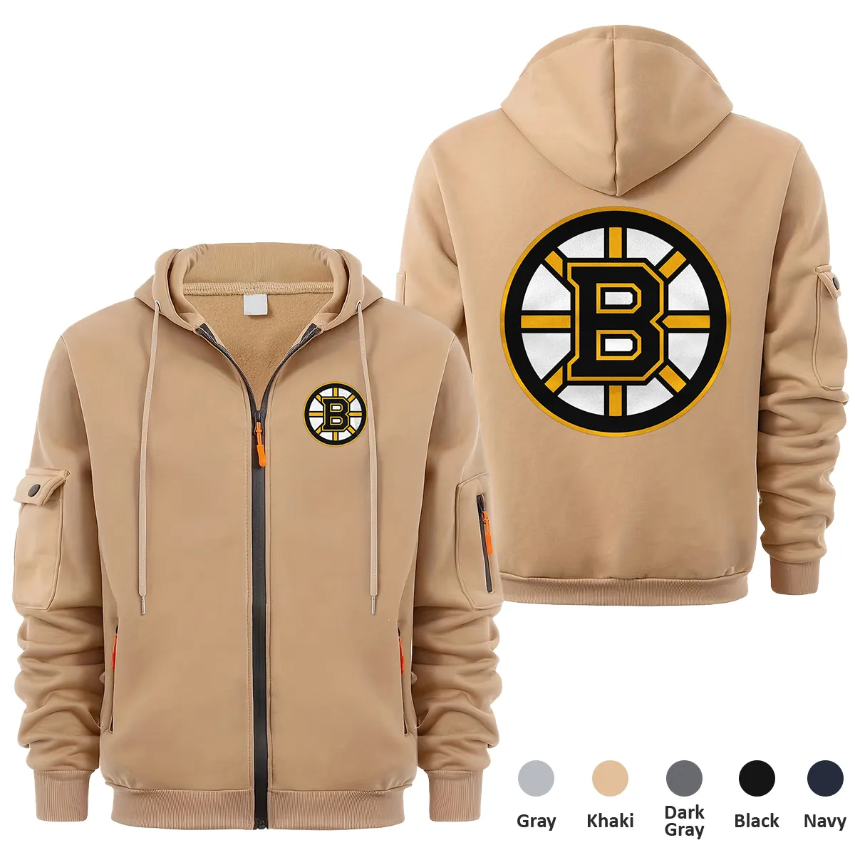 Boston Bruins NHL Exclusive Logo Full Zipper Sweatshirt Hoodie with Arm Pocket HNT241114BBFZH - Khaki