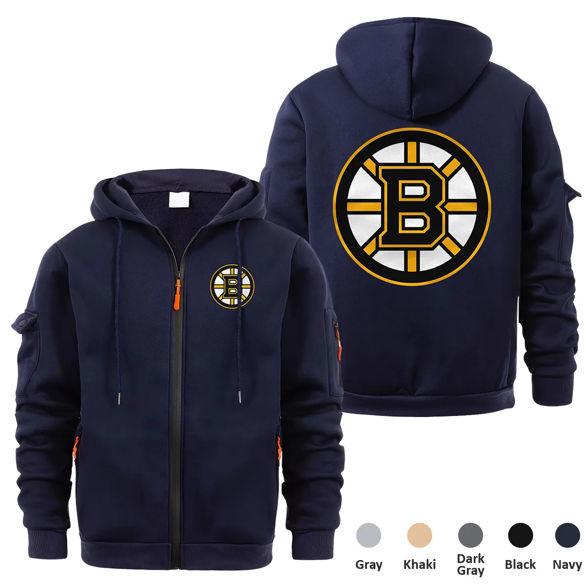 Boston Bruins NHL Exclusive Logo Full Zipper Sweatshirt Hoodie with Arm Pocket HNT241114BBFZH - Navy