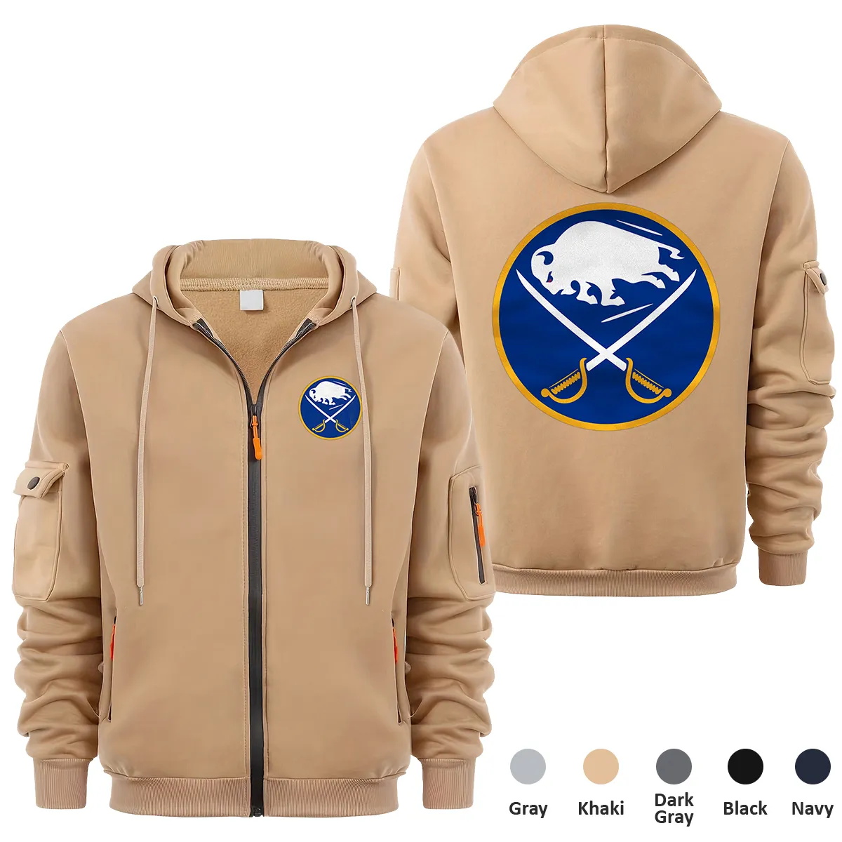 Buffalo Sabres NHL Exclusive Logo Full Zipper Sweatshirt Hoodie with Arm Pocket HNT241114BSFZH - Khaki