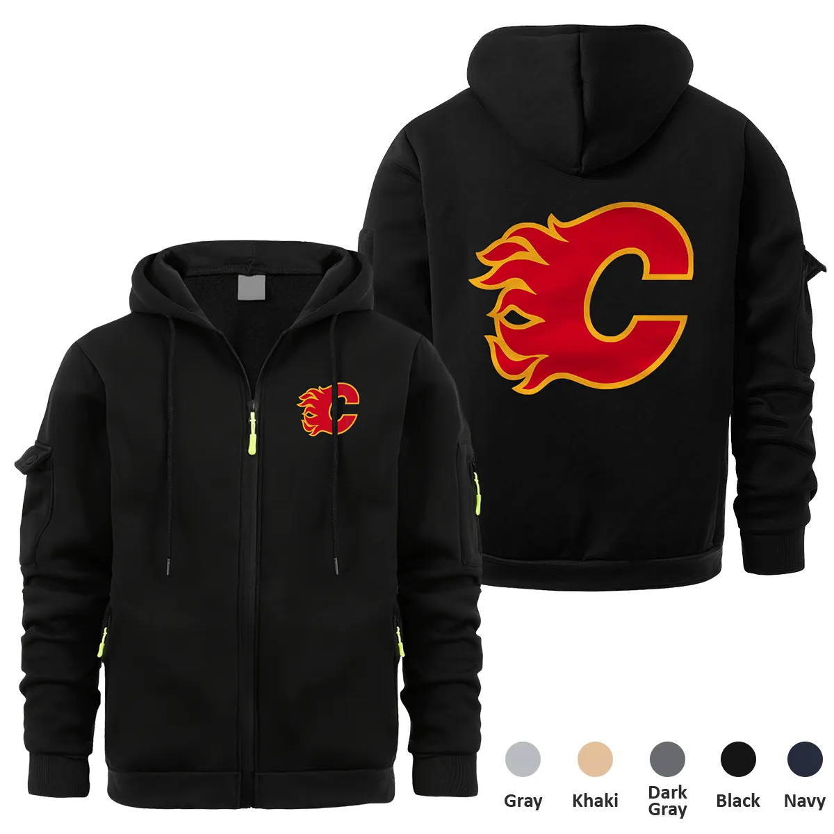 Calgary Flames NHL Exclusive Logo Full Zipper Sweatshirt Hoodie with Arm Pocket HNT241114CFFZH - Black