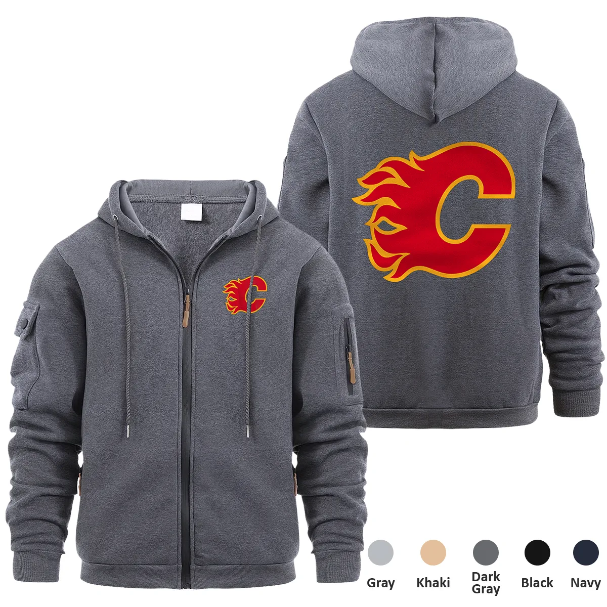 Calgary Flames NHL Exclusive Logo Full Zipper Sweatshirt Hoodie with Arm Pocket HNT241114CFFZH - Dark Gray