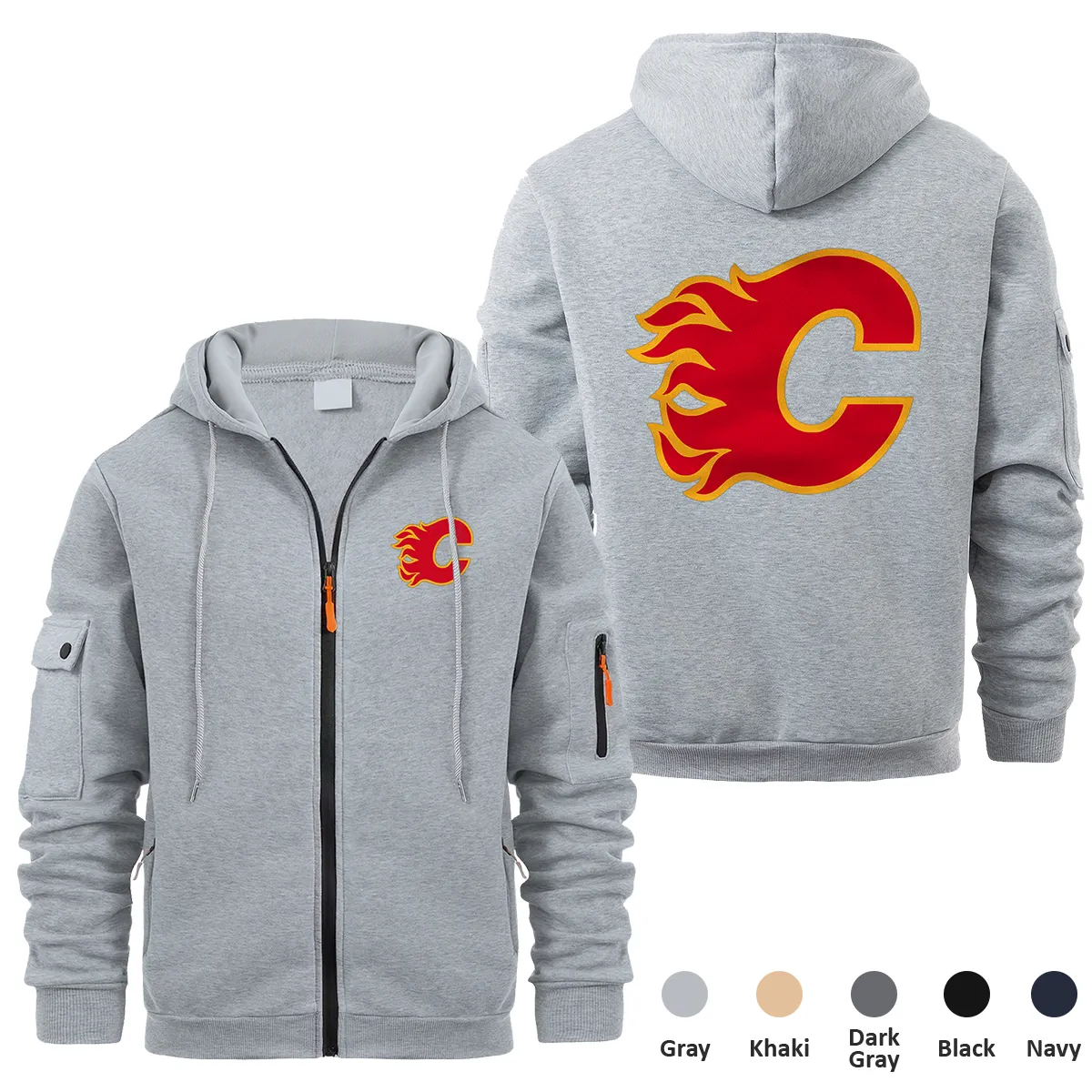 Calgary Flames NHL Exclusive Logo Full Zipper Sweatshirt Hoodie with Arm Pocket HNT241114CFFZH - Gray