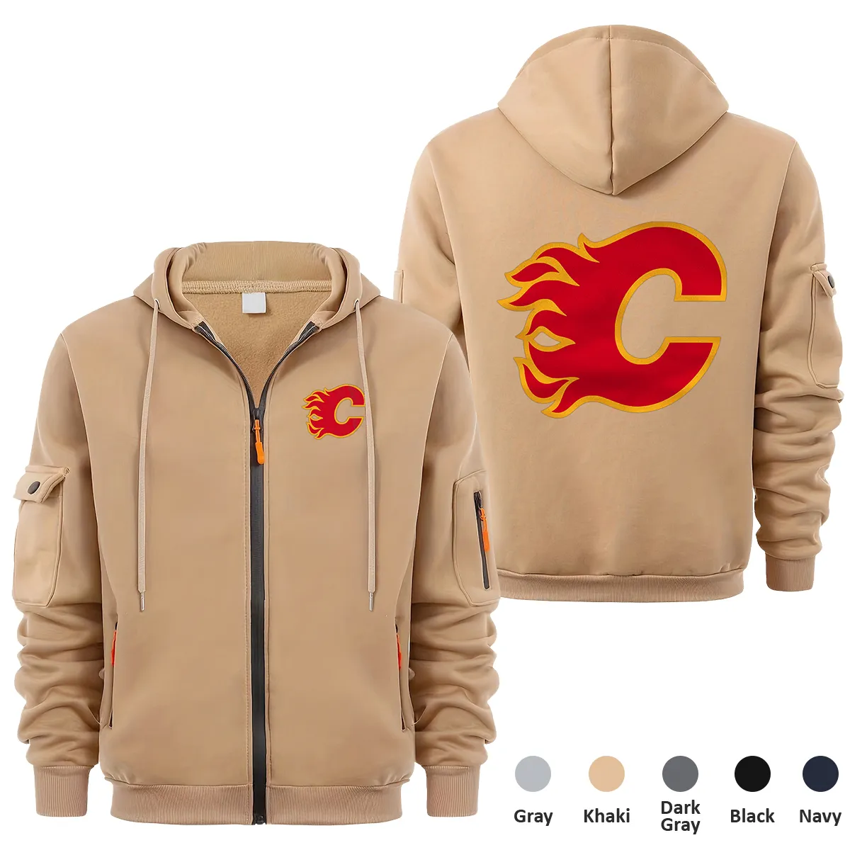 Calgary Flames NHL Exclusive Logo Full Zipper Sweatshirt Hoodie with Arm Pocket HNT241114CFFZH - Khaki