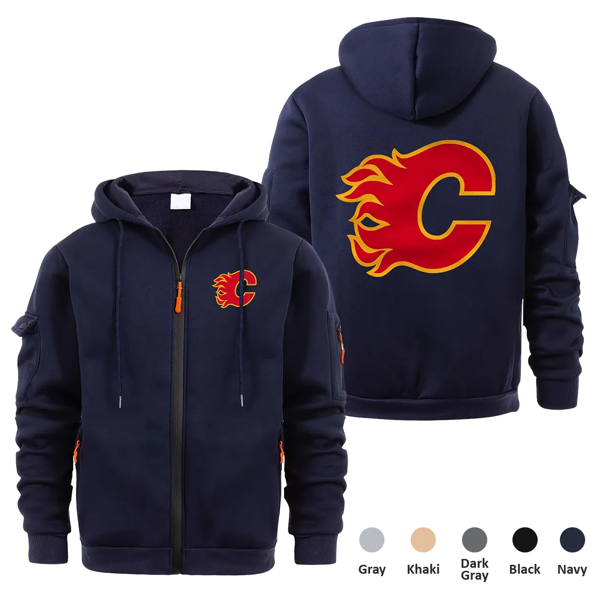 Calgary Flames NHL Exclusive Logo Full Zipper Sweatshirt Hoodie with Arm Pocket HNT241114CFFZH - Navy