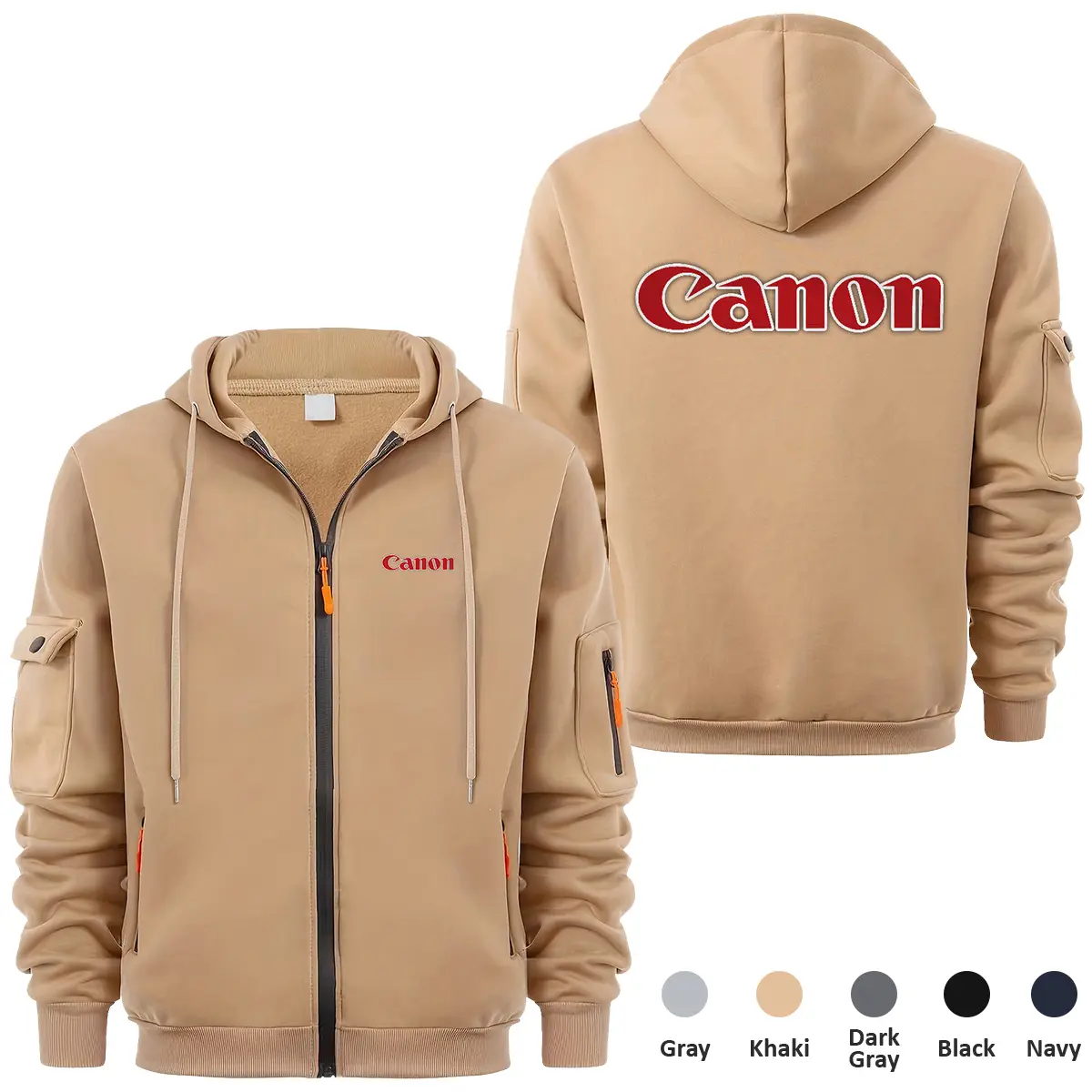 Canon Photography Videography Exclusive Logo Full Zipper Sweatshirt Hoodie with Arm Pocket HNT241114ACNFZH - Khaki