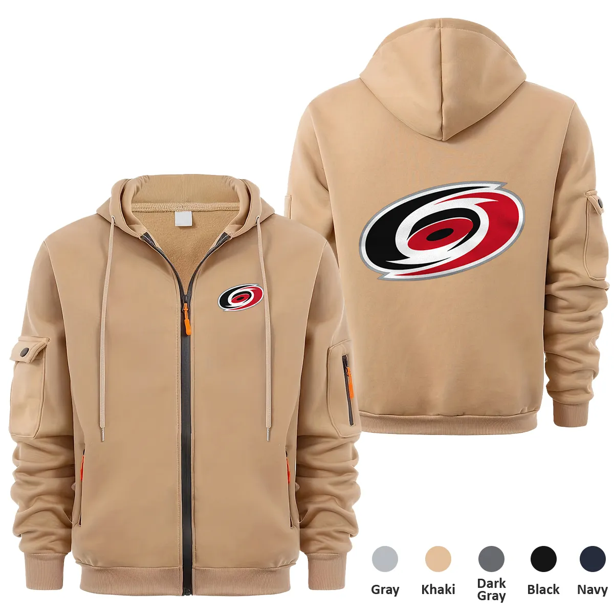 Carolina Hurricanes NHL Exclusive Logo Full Zipper Sweatshirt Hoodie with Arm Pocket HNT241114CHFZH - Khaki