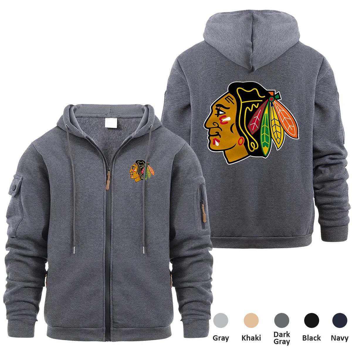 Chicago Blackhawks NHL Exclusive Logo Full Zipper Sweatshirt Hoodie with Arm Pocket HNT241114CBFZH - Dark Gray