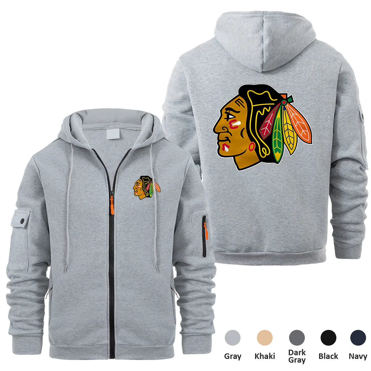 Chicago Blackhawks NHL Exclusive Logo Full Zipper Sweatshirt Hoodie with Arm Pocket HNT241114CBFZH - Gray