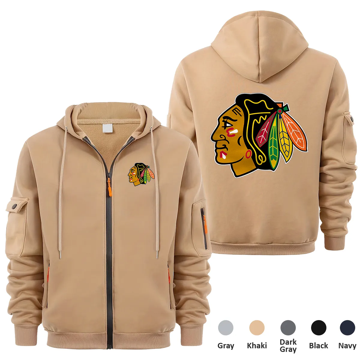 Chicago Blackhawks NHL Exclusive Logo Full Zipper Sweatshirt Hoodie with Arm Pocket HNT241114CBFZH - Khaki