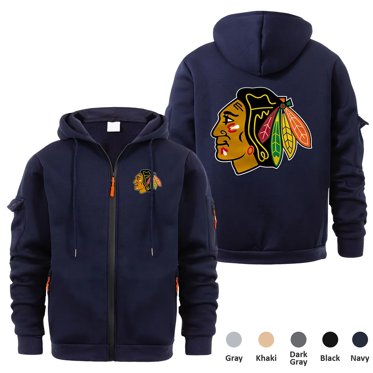 Chicago Blackhawks NHL Exclusive Logo Full Zipper Sweatshirt Hoodie with Arm Pocket HNT241114CBFZH - Navy