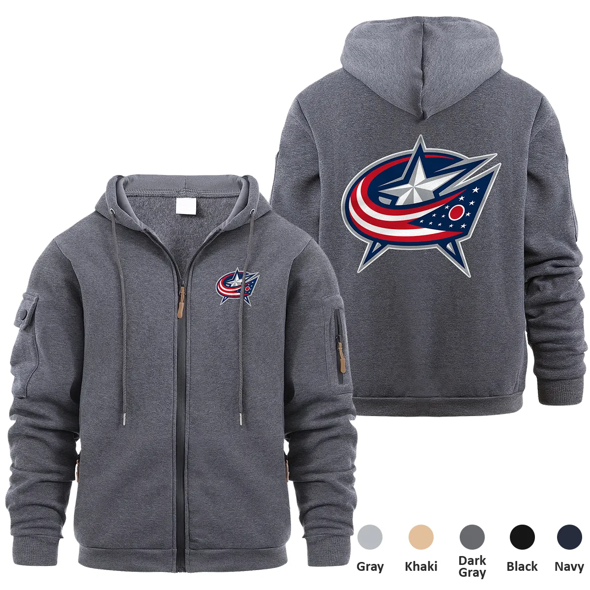 Columbus Blue Jackets NHL Exclusive Logo Full Zipper Sweatshirt Hoodie with Arm Pocket HNT241114CBJFZH - Dark Gray