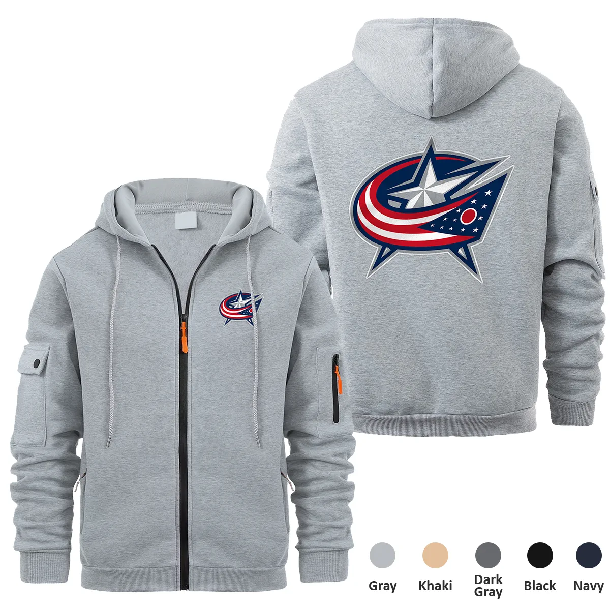 Columbus Blue Jackets NHL Exclusive Logo Full Zipper Sweatshirt Hoodie with Arm Pocket HNT241114CBJFZH - Gray