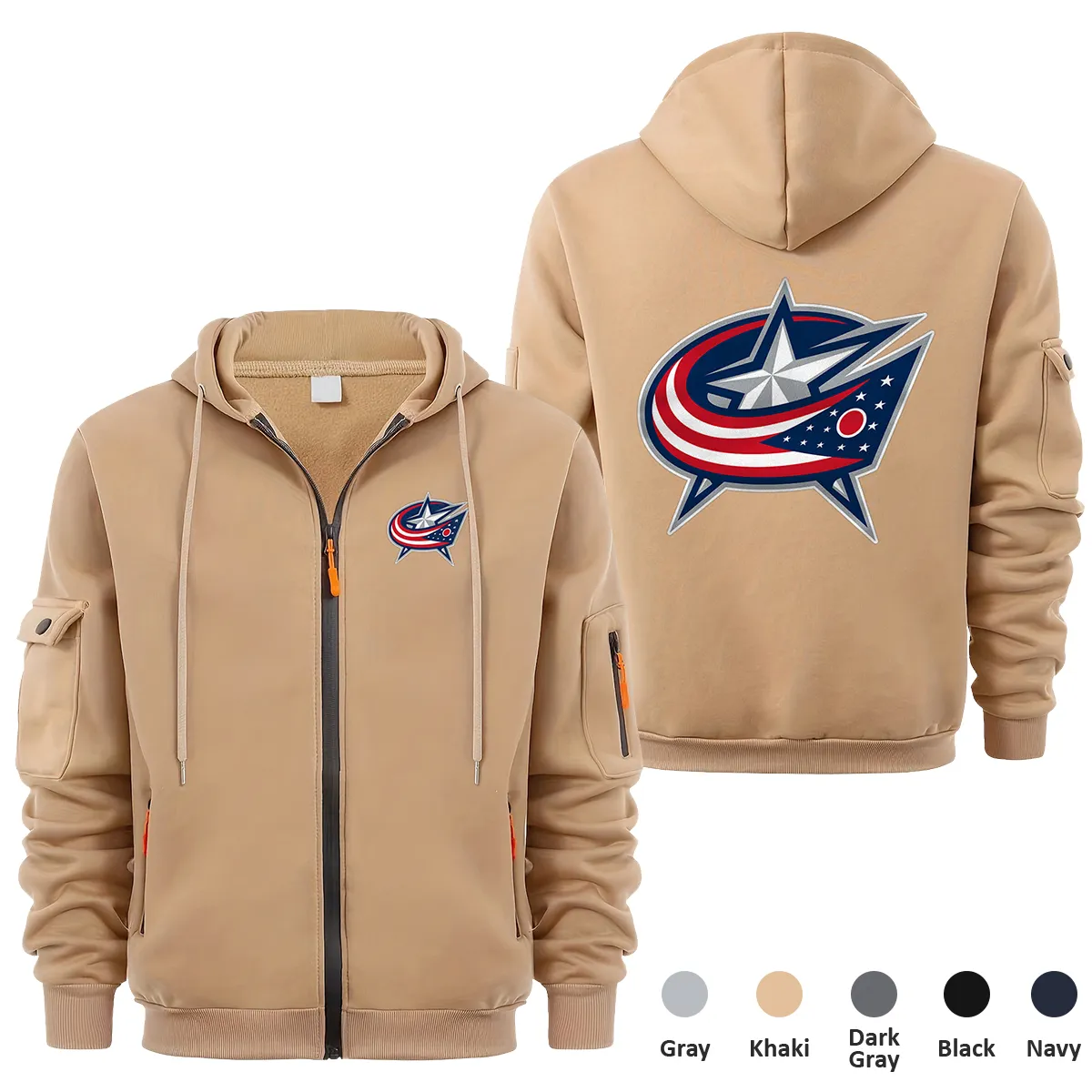 Columbus Blue Jackets NHL Exclusive Logo Full Zipper Sweatshirt Hoodie with Arm Pocket HNT241114CBJFZH - Khaki