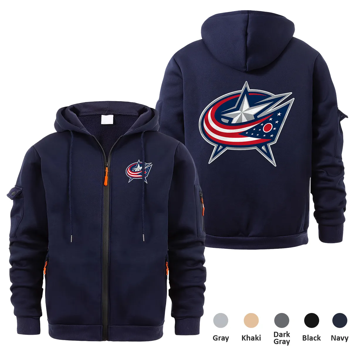 Columbus Blue Jackets NHL Exclusive Logo Full Zipper Sweatshirt Hoodie with Arm Pocket HNT241114CBJFZH - Navy