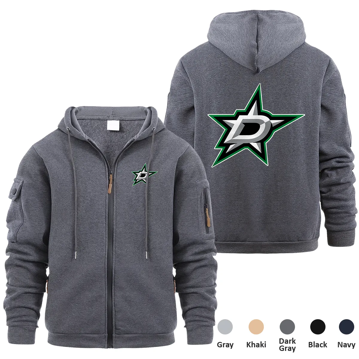 Dallas Stars NHL Exclusive Logo Full Zipper Sweatshirt Hoodie with Arm Pocket HNT241114DSFZH - Dark Gray