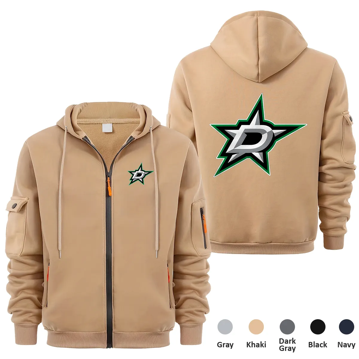 Dallas Stars NHL Exclusive Logo Full Zipper Sweatshirt Hoodie with Arm Pocket HNT241114DSFZH - Khaki