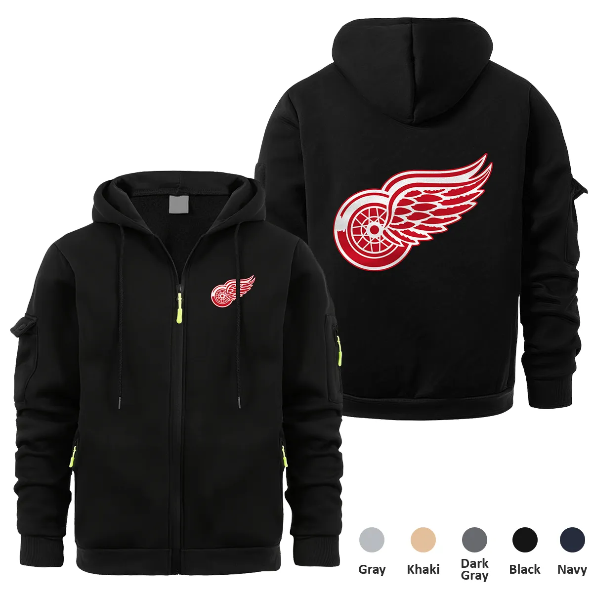 Detroit Red Wings NHL Exclusive Logo Full Zipper Sweatshirt Hoodie with Arm Pocket HNT241114DRWFZH - Black