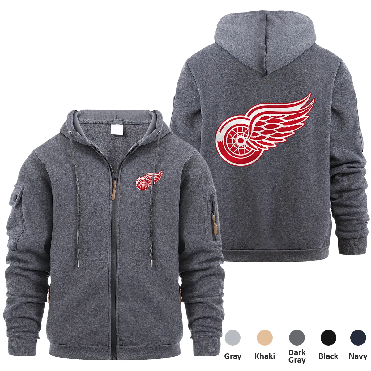 Detroit Red Wings NHL Exclusive Logo Full Zipper Sweatshirt Hoodie with Arm Pocket HNT241114DRWFZH - Dark Gray