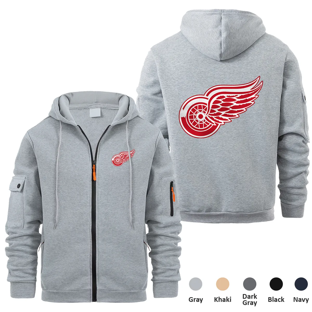 Detroit Red Wings NHL Exclusive Logo Full Zipper Sweatshirt Hoodie with Arm Pocket HNT241114DRWFZH - Gray