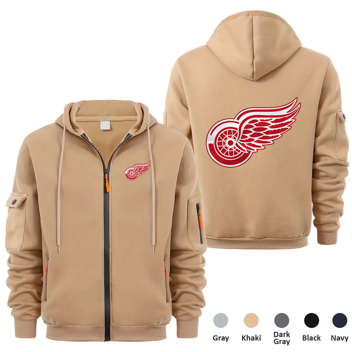 Detroit Red Wings NHL Exclusive Logo Full Zipper Sweatshirt Hoodie with Arm Pocket HNT241114DRWFZH - Khaki