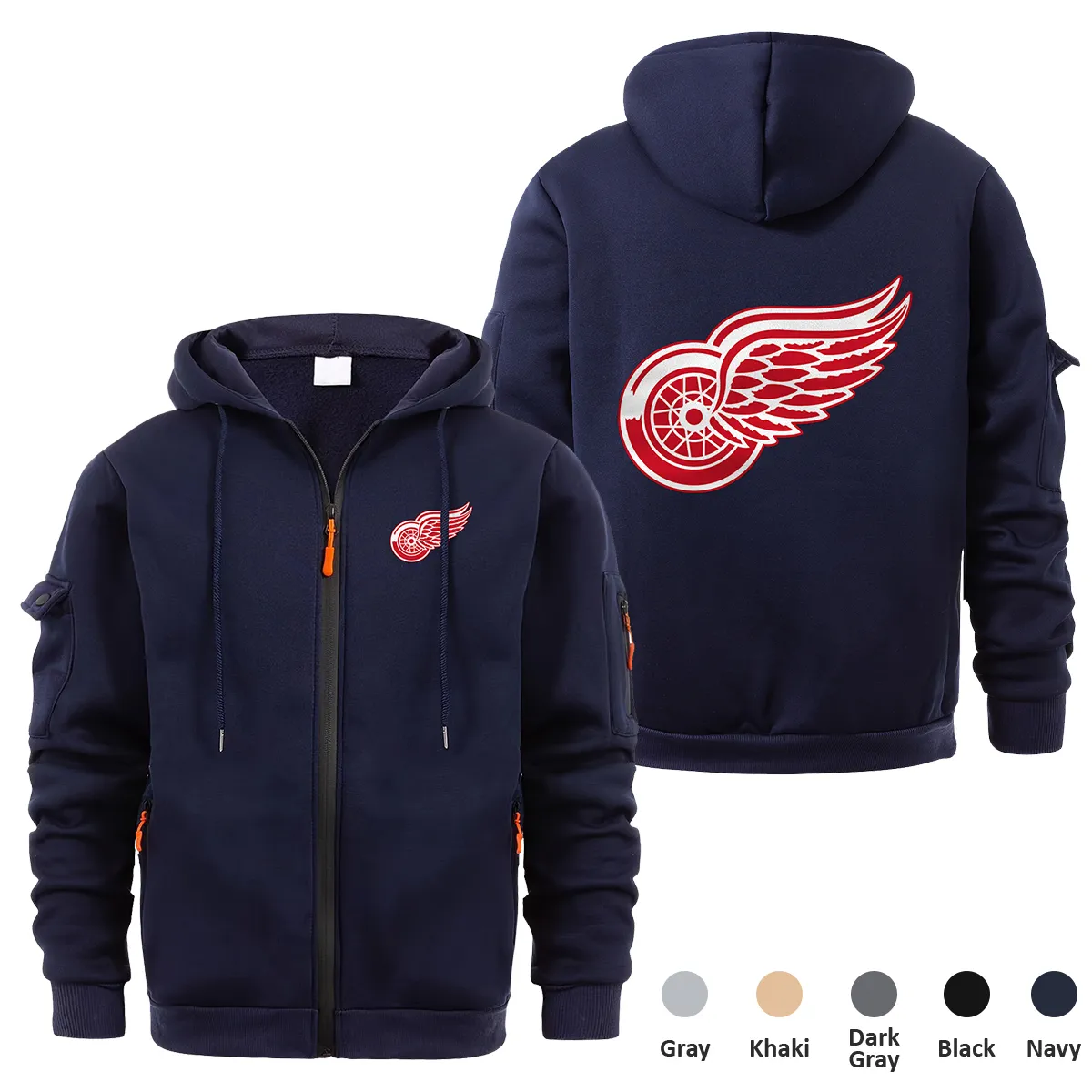 Detroit Red Wings NHL Exclusive Logo Full Zipper Sweatshirt Hoodie with Arm Pocket HNT241114DRWFZH - Navy