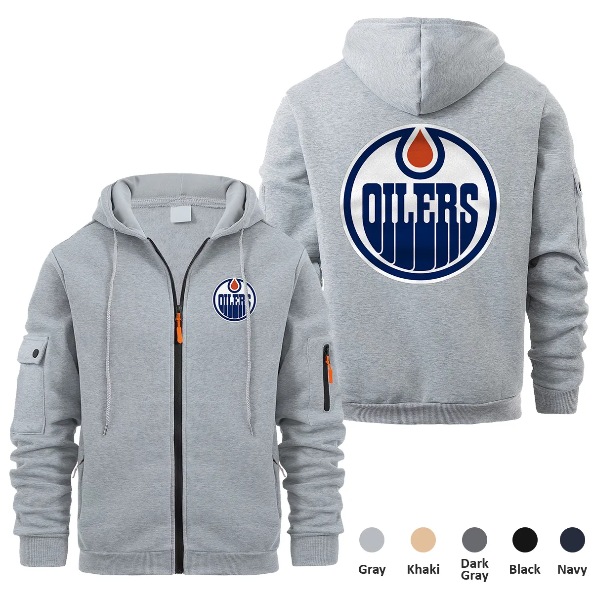 Edmonton Oilers NHL Exclusive Logo Full Zipper Sweatshirt Hoodie with Arm Pocket HNT241114EOFZH - Gray