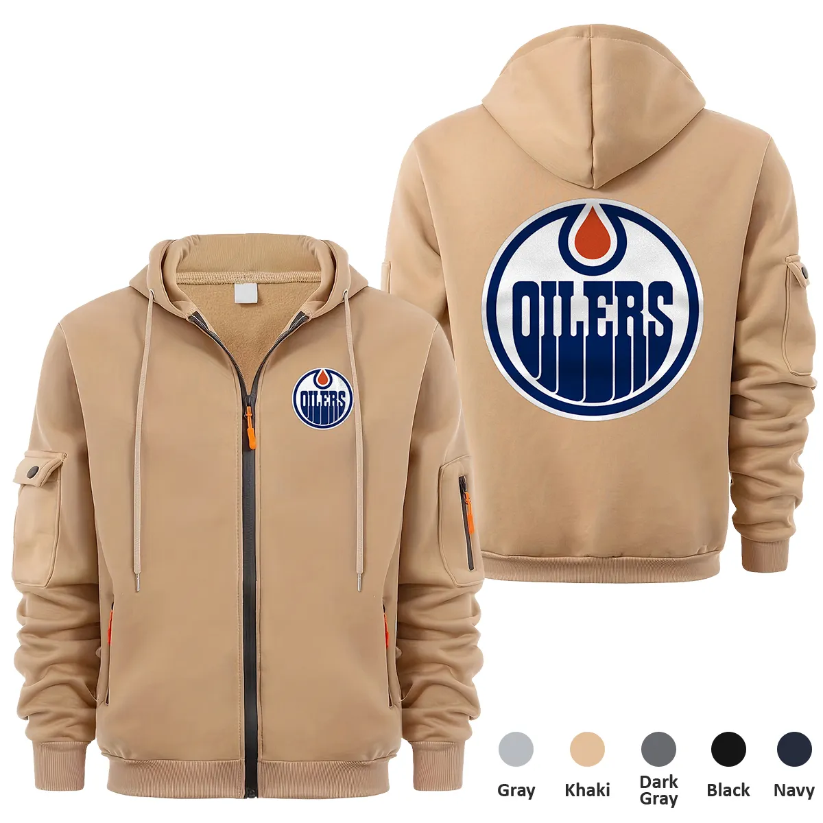 Edmonton Oilers NHL Exclusive Logo Full Zipper Sweatshirt Hoodie with Arm Pocket HNT241114EOFZH - Khaki