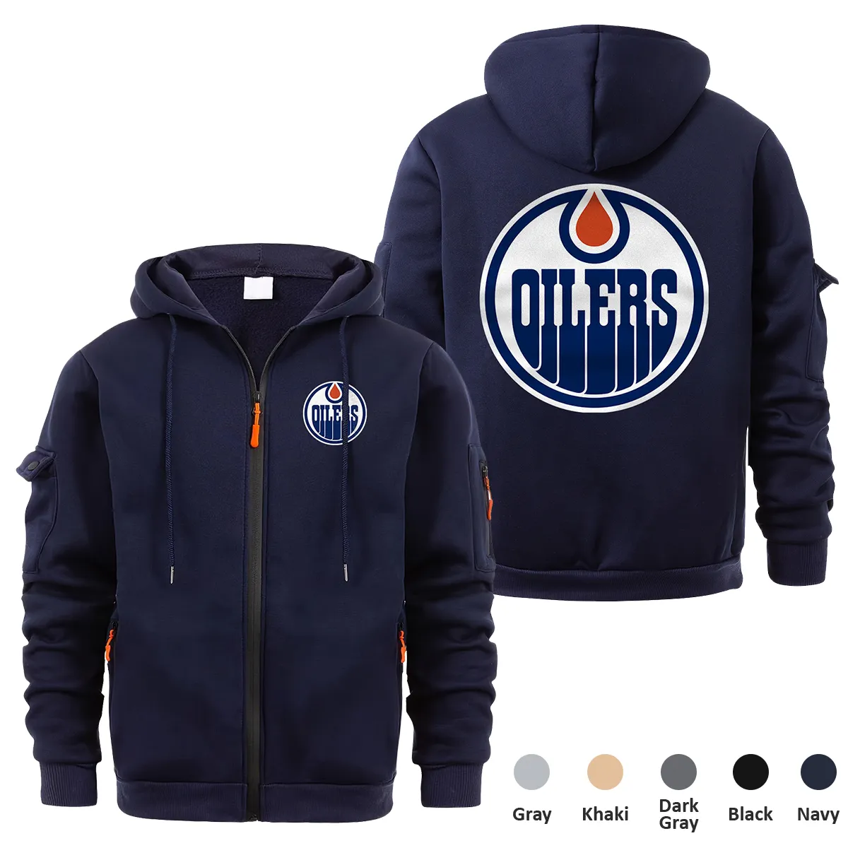 Edmonton Oilers NHL Exclusive Logo Full Zipper Sweatshirt Hoodie with Arm Pocket HNT241114EOFZH - Navy