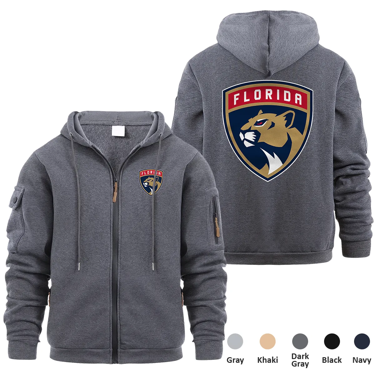 Florida Panthers NHL Exclusive Logo Full Zipper Sweatshirt Hoodie with Arm Pocket HNT241114FPFZH - Dark Gray