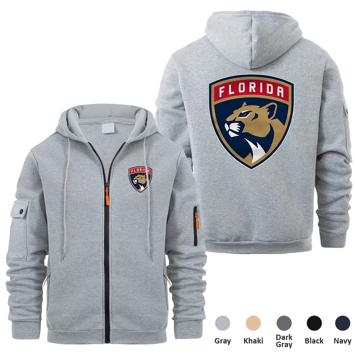 Florida Panthers NHL Exclusive Logo Full Zipper Sweatshirt Hoodie with Arm Pocket HNT241114FPFZH - Gray