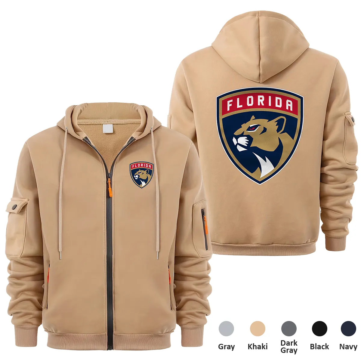 Florida Panthers NHL Exclusive Logo Full Zipper Sweatshirt Hoodie with Arm Pocket HNT241114FPFZH - Khaki