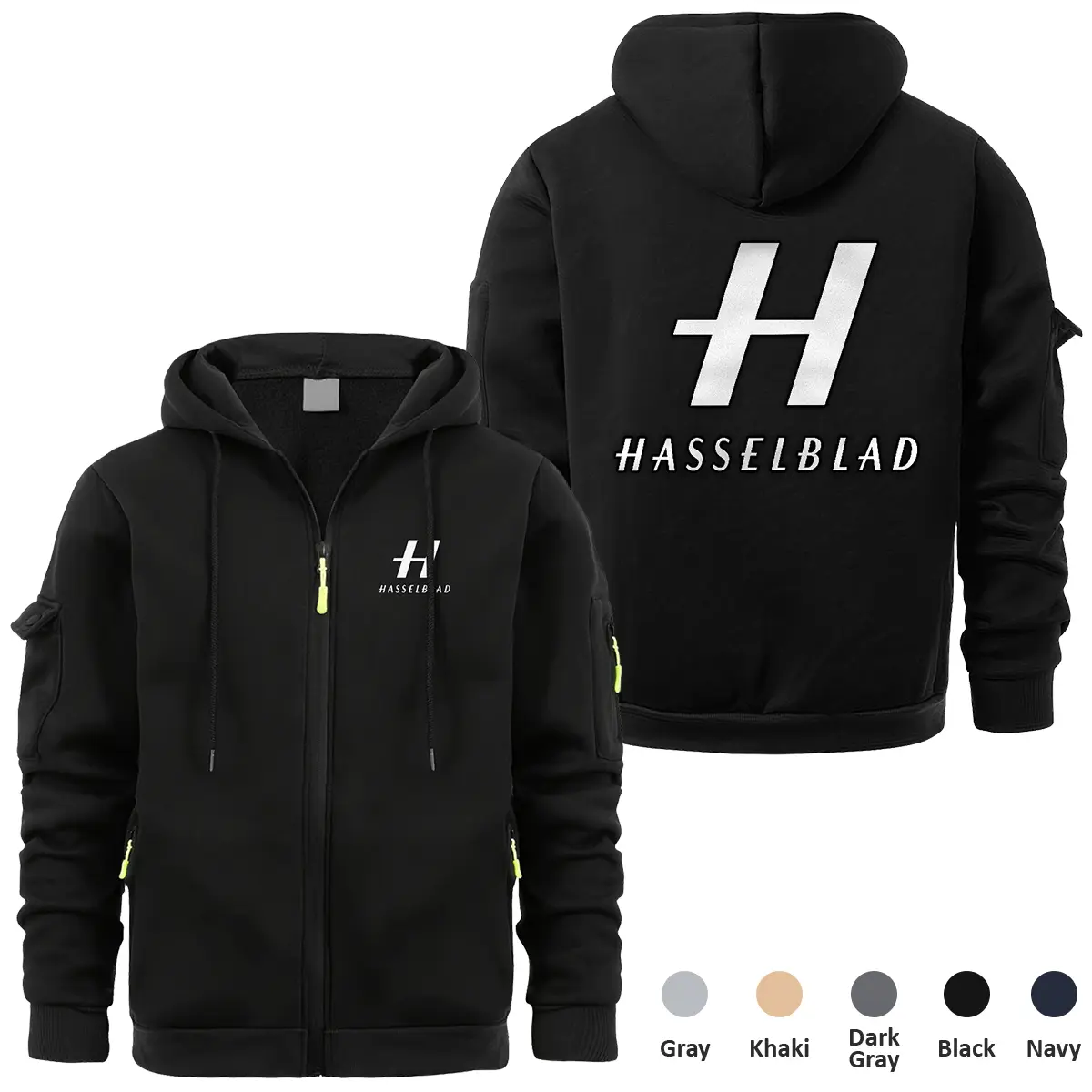 Hasselblad Photography Videography Exclusive Logo Full Zipper Sweatshirt Hoodie with Arm Pocket HNT241114AHSBFZH - Black