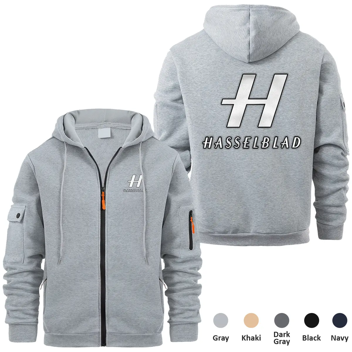 Hasselblad Photography Videography Exclusive Logo Full Zipper Sweatshirt Hoodie with Arm Pocket HNT241114AHSBFZH - Gray