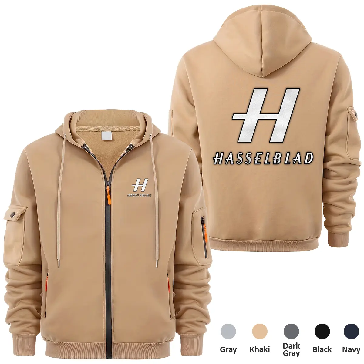 Hasselblad Photography Videography Exclusive Logo Full Zipper Sweatshirt Hoodie with Arm Pocket HNT241114AHSBFZH - Khaki