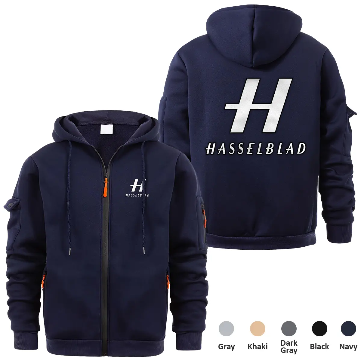 Hasselblad Photography Videography Exclusive Logo Full Zipper Sweatshirt Hoodie with Arm Pocket HNT241114AHSBFZH - Navy