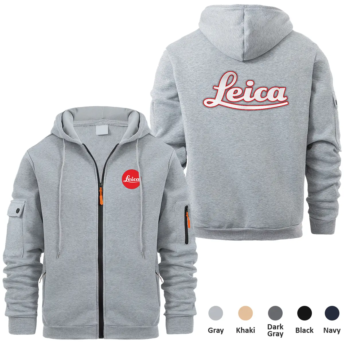 Leica Photography Videography Exclusive Logo Full Zipper Sweatshirt Hoodie with Arm Pocket HNT241114ALCFZH - Gray