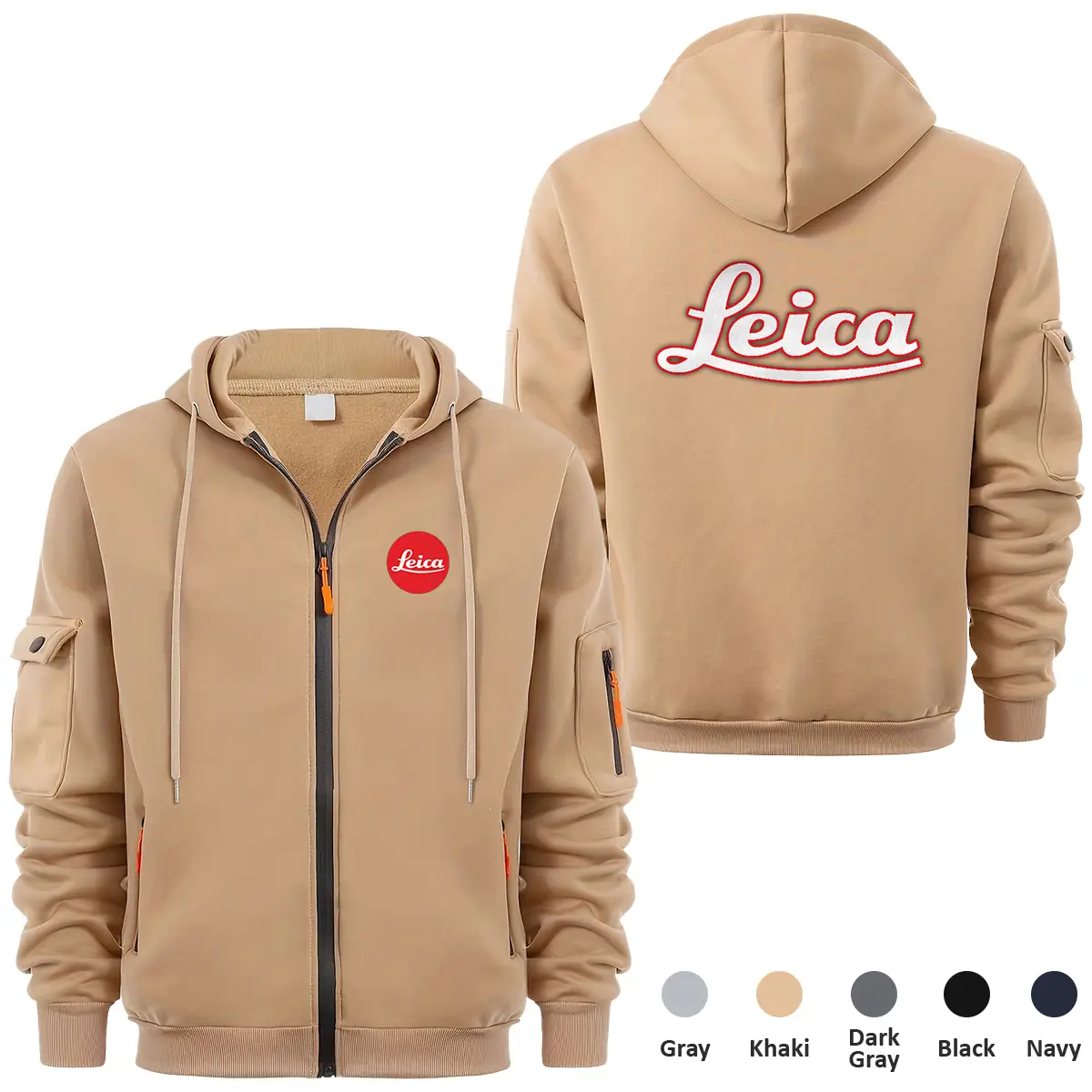 Leica Photography Videography Exclusive Logo Full Zipper Sweatshirt Hoodie with Arm Pocket HNT241114ALCFZH - Khaki