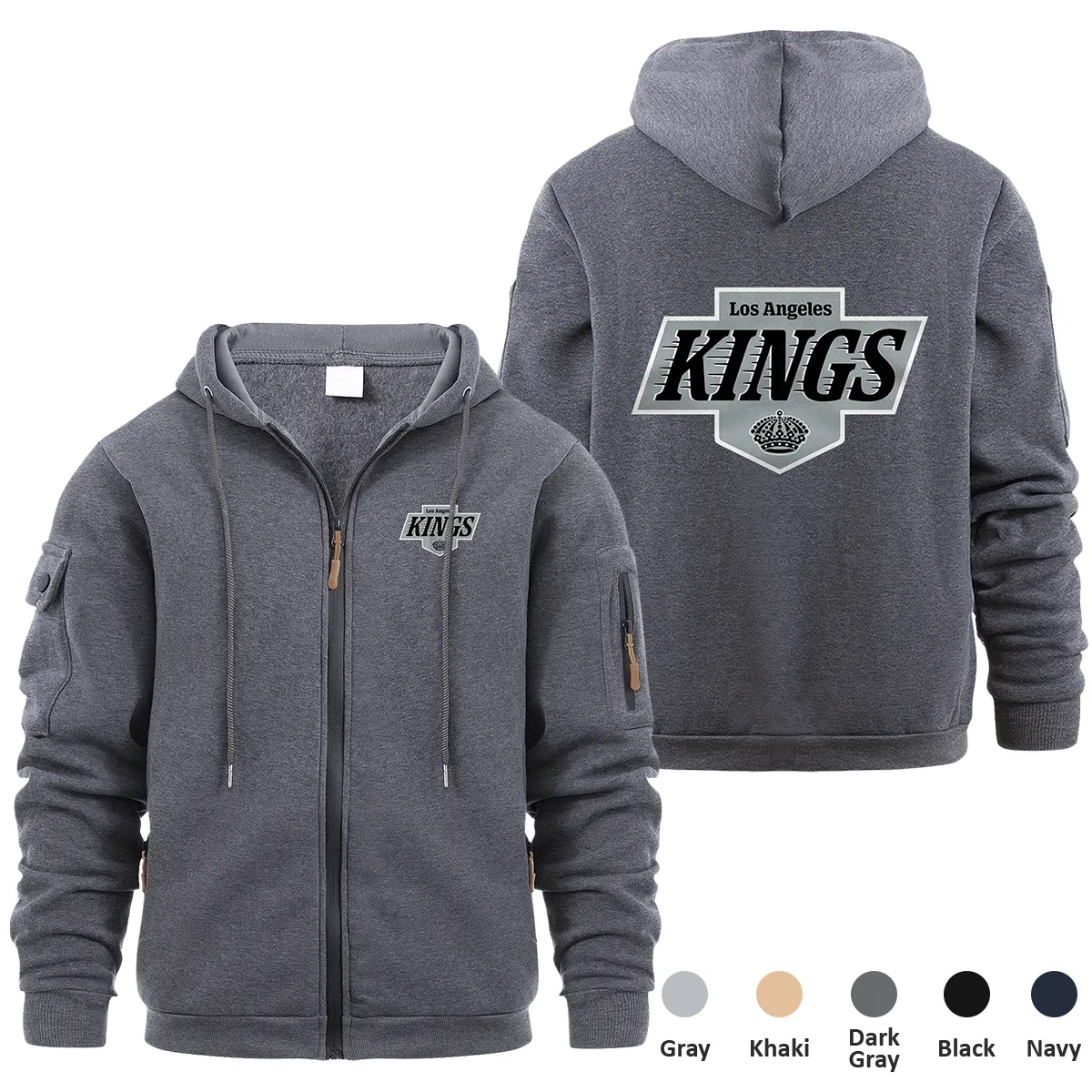 Los Angeles Kings NHL Exclusive Logo Full Zipper Sweatshirt Hoodie with Arm Pocket HNT241114LAKFZH - Dark Gray